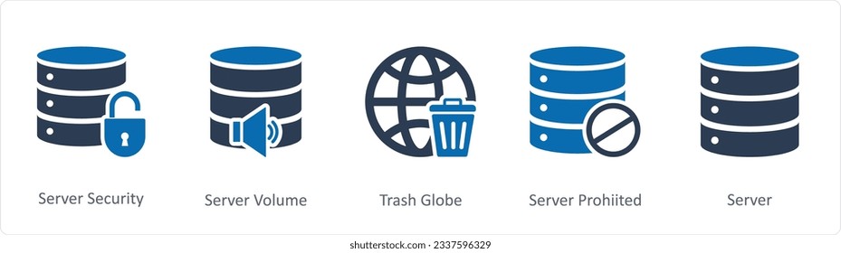 A set of 5 Internet icons as server security, server volume, trash globe