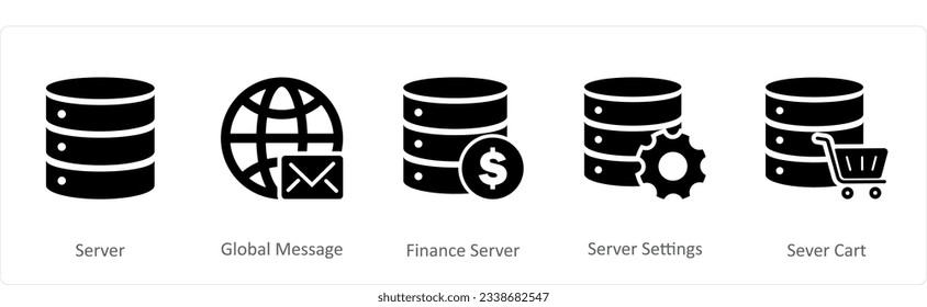 Un conjunto de 5 iconos de Internet como servidor, mensaje global, servidor de finanzas