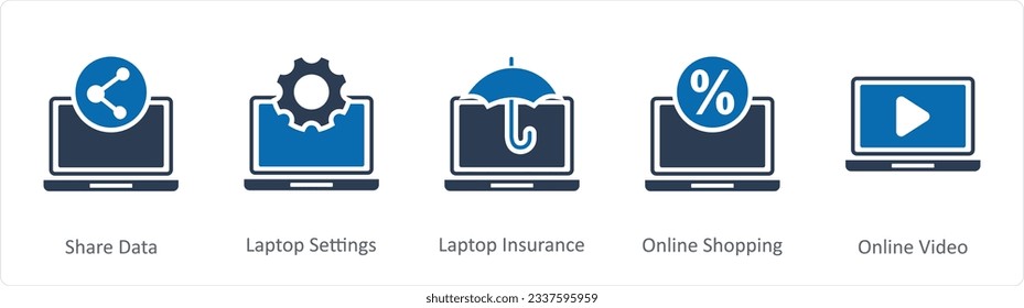 Un conjunto de 5 iconos de Internet como datos compartidos, configuración de laptop, seguro de laptop