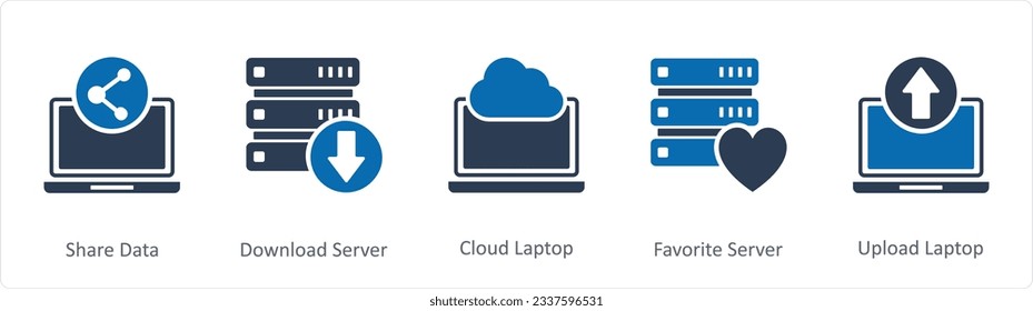 A set of 5 Internet icons as share data, download server, cloud laptop