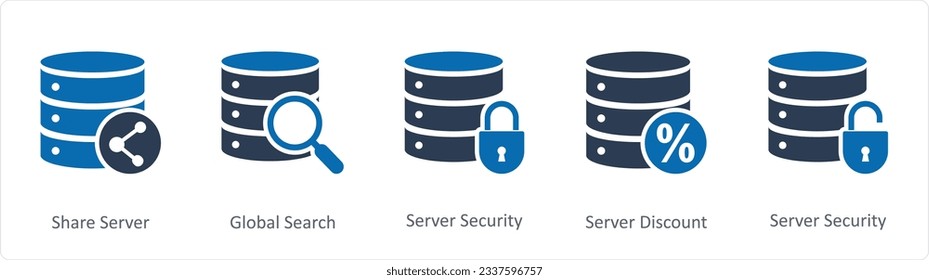 A set of 5 Internet icons as share server, global search, server security