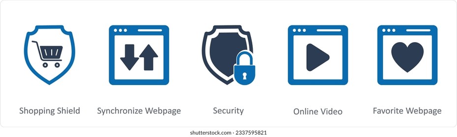 A set of 5 Internet icons as shopping shield, synchronize webpage, security