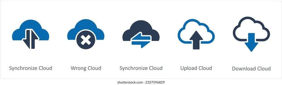 Eine Reihe von 5 Internet-Symbolen wie synchronisieren Cloud, falsche Cloud, Cloud hochladen