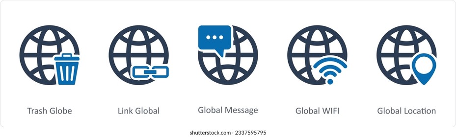 A set of 5 Internet icons as trash globe, link global, global message