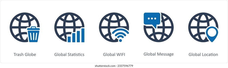 Un conjunto de 5 íconos de Internet como globo basura, estadísticas globales, wifi global