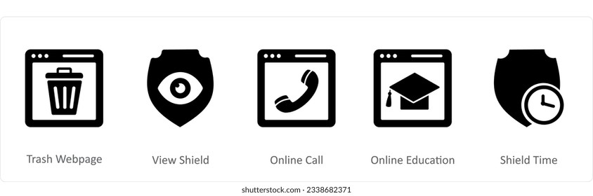 A set of 5 Internet icons as trash webpage, view shield, online call