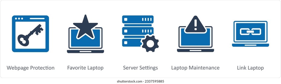 A set of 5 Internet icons as webpage protection, favorite laptop, server settings