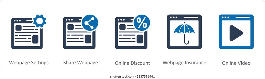 A set of 5 Internet icons as webpage settings, share webpage, online discount
