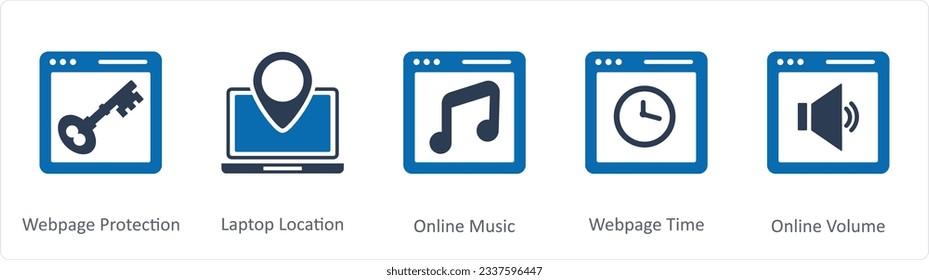 Un conjunto de 5 iconos de Internet como protección de páginas web, ubicación de laptops, música en línea