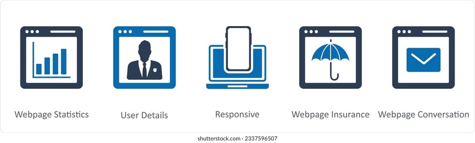Ein Satz von 5 Internet-Symbolen als Webseitenstatistik, Benutzerdetails, Reaktionszeit