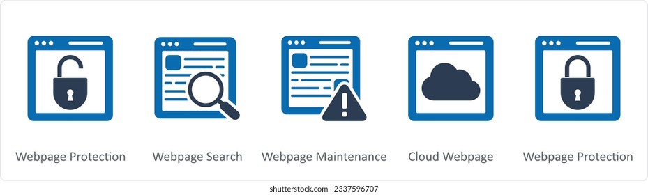 Ein Satz von 5 Internet-Symbolen wie Schutz der Webseiten, Suche nach Webseiten, Pflege der Webseiten