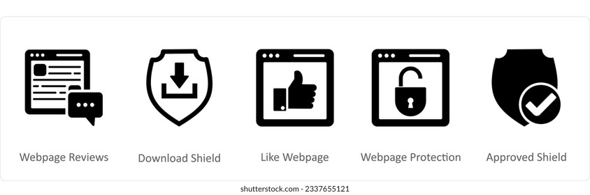 A set of 5 Internet icons as webpage reviews, download shield, like webpage
