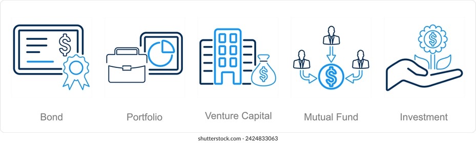 A set of 5 Investment icons as bond, portfolio, venture capital