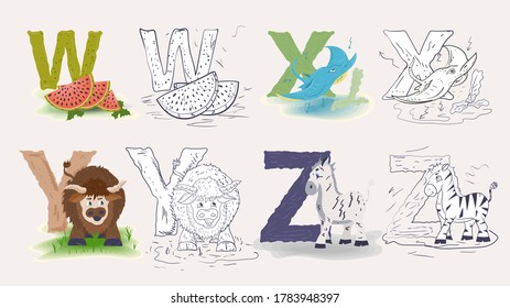 set of 5, isolated icons, English alphabet, for learning the alphabet, color flat and contour doodles