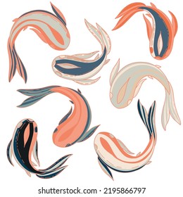 Set of 5 Japanese stylized colored fish in orange, red, yellow and blue. Variety of fish on a white doodle-style background