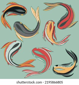 Set of 5 Japanese stylized colored fish in orange, red, yellow and blue. Variety of fish on a dark background in doodle style.