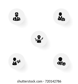 Set Of 5 Job Icons Set.Collection Of Cameraman, Servant, Stylist And Other Elements.