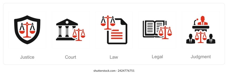 A set of 5 Justice icons as justice, court, law