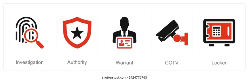 A set of 5 Justice icons as investigation, authority, warrant