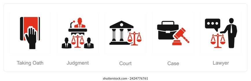 A set of 5 Justice icons as taking oath, judgement, court