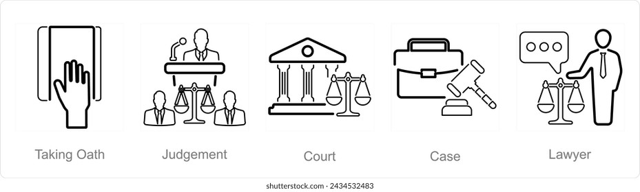 A set of 5 Justice icons as taking oath, judgement, court
