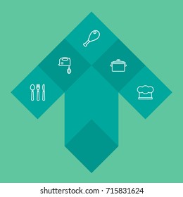 Set Of 5 Kitchen Outline Icons Set.Collection Of Chicken Leg, Mixer, Cutlery And Other Elements.