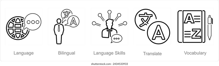 Un conjunto de 5 iconos de idioma como idioma, bilingüe, habilidades de idioma