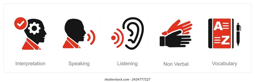 A set of 5 Language icons as interpretation, speaking, listening