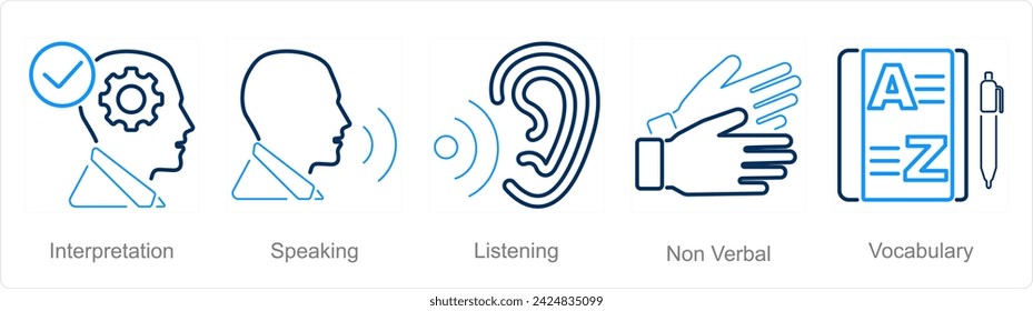 Un conjunto de 5 iconos de idioma como interpretación, hablar, escuchar
