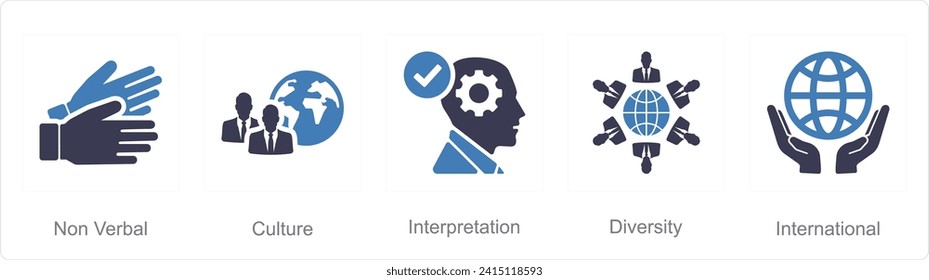 A set of 5 Language icons as non verbal, culture, interpretation