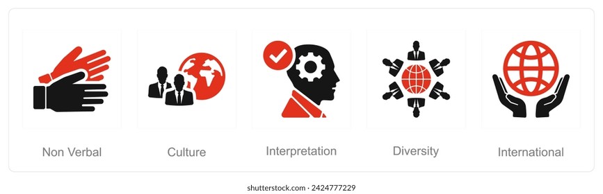 A set of 5 Language icons as non verbal, culture, interpretation