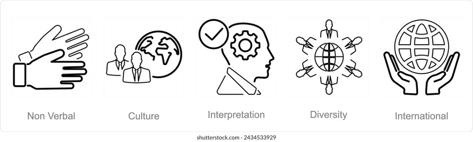 A set of 5 Language icons as non verbal, culture, interpretation