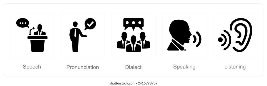 A set of 5 Language icons as speech, pronounciation, dialect svg