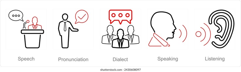 A set of 5 Language icons as speech, pronounciation, dialect svg