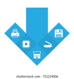 Set Of 5 Laptop Icons Set.Collection Of Photocopy, Peripheral, Diskette And Other Elements.