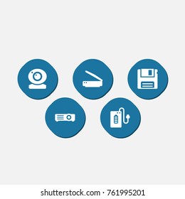Set Of 5 Laptop Icons Set.Collection Of Diskette, Record, Supply And Other Elements.