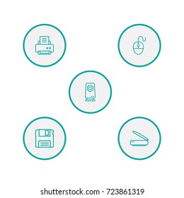 Set Of 5 Laptop Outline Icons Set.Collection Of Printer, Speaker, Scanner And Other Elements.