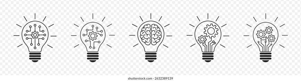Conjunto de 5 Ícones de Lâmpada com Ilustrações de Circuito, Engrenagem, Cérebro, Parafuso e Conexão simbolizando Inovação, Tecnologia, Resolução de Problemas, Criatividade e Inteligência Artificial