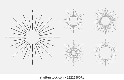 Set of 5 light rays, sunburst. Vintage design elements for logo, emblem, poster. Black Light rays isolated on white background. Vector Illustration