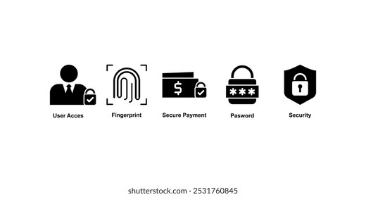 Un conjunto de 5 líneas de iconos de Cyber ​​Security como acceso de usuario, huella digital, pago seguro. aislado en fondo editable blanco.	
