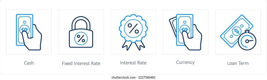 A set of 5 loan icons such as cash, fixed interest rate