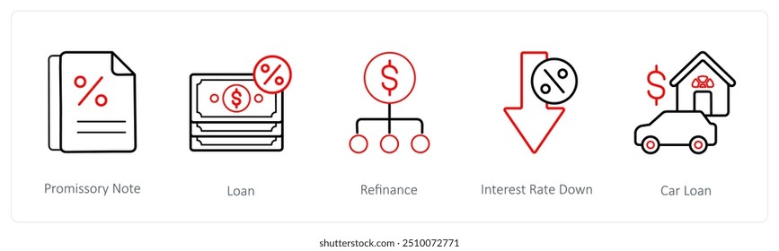 A set of 5 loan icons such as promissory note, loan