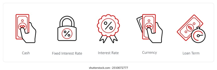 A set of 5 loan icons such as cash, fixed interest rate