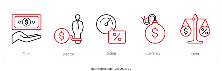 Um conjunto de 5 ícones de empréstimo, como dinheiro, devedor, classificação