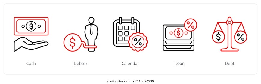 Um conjunto de 5 ícones de empréstimo, como dinheiro, devedor, calendário