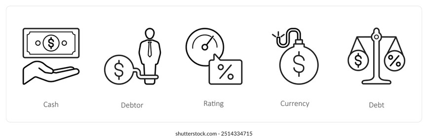 Um conjunto de 5 ícones de empréstimo, como dinheiro, devedor, classificação