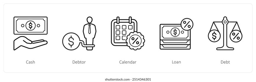 Um conjunto de 5 ícones de empréstimo, como dinheiro, devedor, calendário