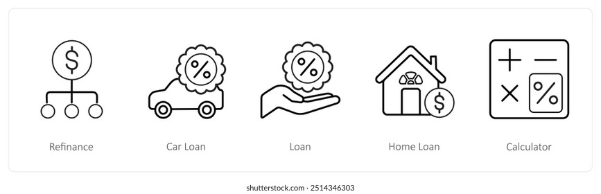 A set of 5 loan icons such as refinance, car loan, loan