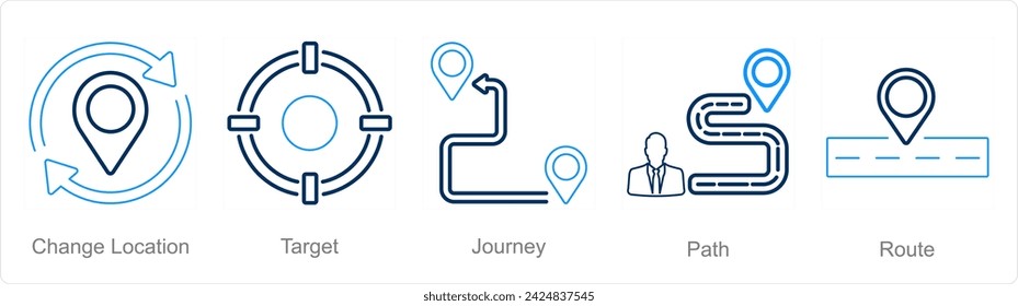 A set of 5 Location icons as change location, target, journey