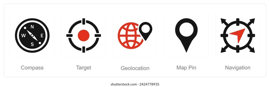 A set of 5 Location icons as compass, target, geo location